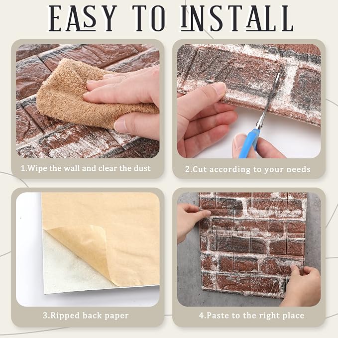 30 Pcs 3D Wall Panels Peel and Stick Wallpaper Foam, Red Brick | Faux Brick Stone Tiles, Covering 28.8-48.4 Sq ft, Self Adhesive Waterproof Panels for Bedroom Living Room Kitchen Walls
