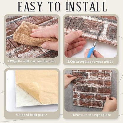 30 Pcs 3D Wall Panels Peel and Stick Wallpaper Foam, Red Brick | Faux Brick Stone Tiles, Covering 28.8-48.4 Sq ft, Self Adhesive Waterproof Panels for Bedroom Living Room Kitchen Walls