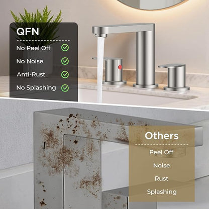 QFN Bathroom Faucet 3 Hole 8" Widespread Vanity Sink Faucet Brushed Nickel | 304 Stainless Steel Bathroom Sink Faucet with Pop-up Drain, 6-12 Inch 3 Hole Install, for RV Laundry Farmhouse Restroom Sink