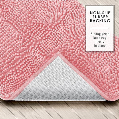 Hearth & Harbor Bathroom Rugs, Chenille Bath Mat - Machine Washable Bath Mats for Bathroom Non-Slip Backing Rubber, Quick Dry Bathroom Mat, 17 x 24 + 20 x 32 - Pink