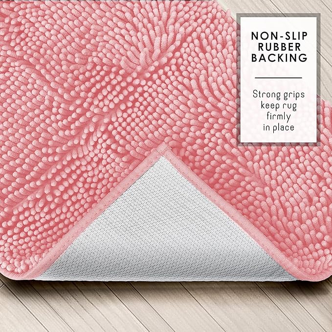 Hearth & Harbor Bathroom Rugs, Chenille Bath Mat - Machine Washable Bath Mats for Bathroom Non-Slip Backing Rubber, Quick Dry Bathroom Mat, 26 x 44 - Pink