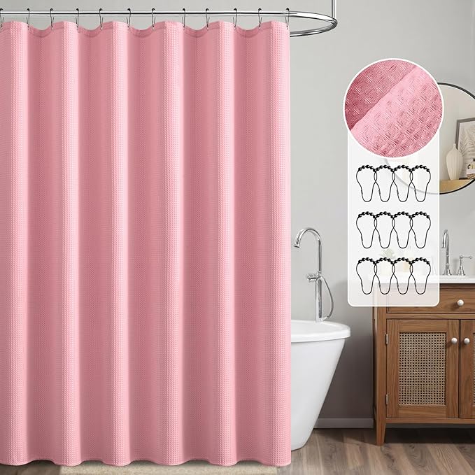 MIULEE Extra Long Waffle Weave Shower Curtain 84 Inch Long with 12 Metal Hooks Modern Washable 260GSM Heavy Fabric Waterproof Thick Cloth Shower Curtains Set for Bathroom Bathtub, Blush Pink