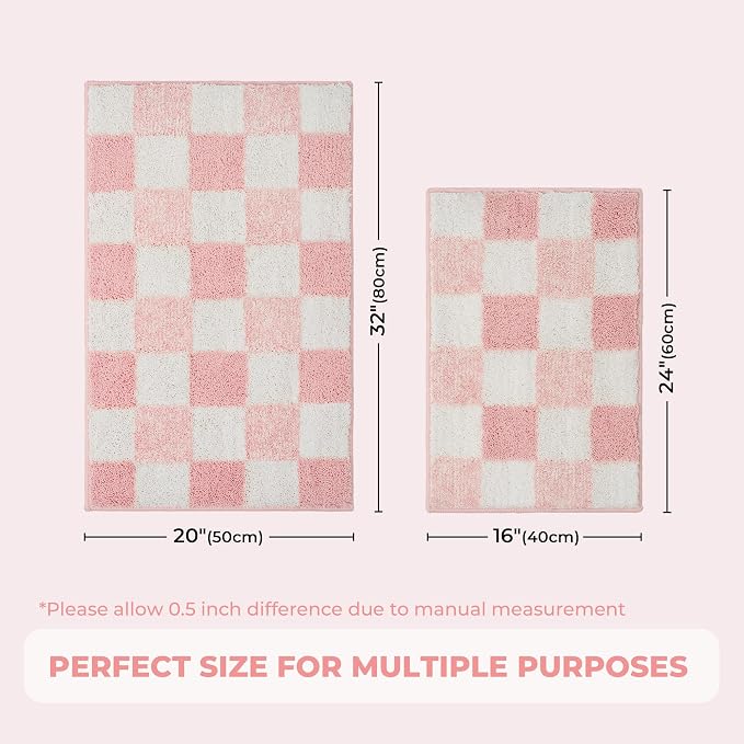 GRANNY SAYS Checkered Pink Bathroom Rug, 24" x 16", Cute Bath Mat | Soft Microfiber Bath Décor Rug, Absorbent, Machine Washable, Non slip TPR Backing, Fun bathroom rugs for Kid, Girl, Teen