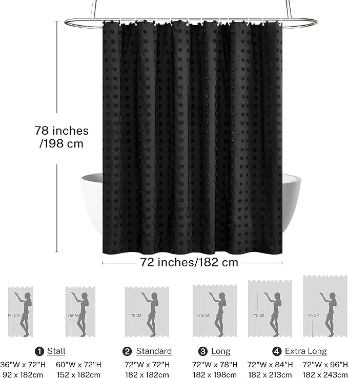 Extra Long Black Boho Shower Curtain Woven Fabric Cute Shower Curtain, 72 x 78 Tufted Pleat Floral Textured Modern Farmhouse Minimalist Shower Curtain Set with Hooks for Bathroom