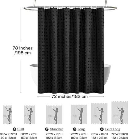 Extra Long Black Boho Shower Curtain Woven Fabric Cute Shower Curtain, 72 x 78 Tufted Pleat Floral Textured Modern Farmhouse Minimalist Shower Curtain Set with Hooks for Bathroom