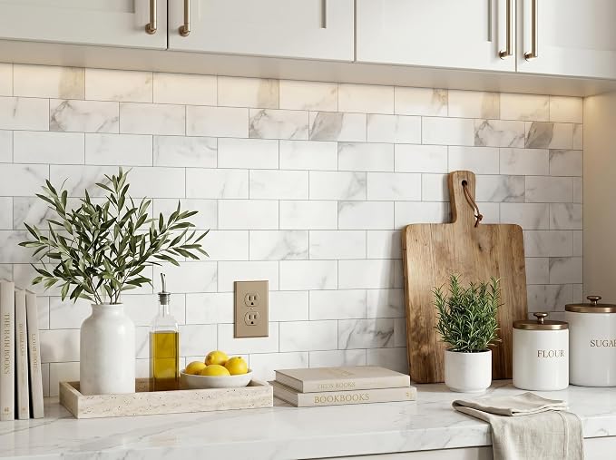 Yipscazo Peel and Stick backsplash 3 x 6 Inches 3D PVC Composite Wall Tile Stick on Backsplash Tile for Kitchen Bathroom, Laundry Room, Fireplace(Skin Marble White, 100 Pieces)