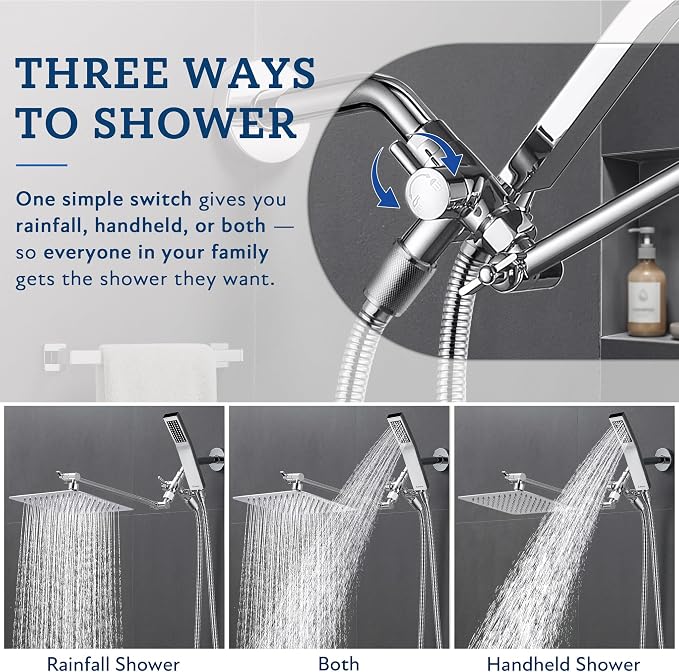 G-Promise All Metal 10" Dual Square Shower Head Combo | Rain Shower Head | Handheld Shower Wand | Adjustable | Smooth 3-Way Diverter | 71" Extra Long Hose - A Bathroom Upgrade (Chrome) | Built to Last, Easy Install, Adjustable Height & Angle for All He...