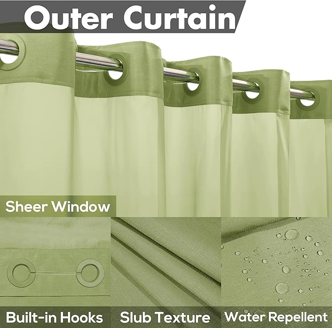 River Dream No Hook Slub Textured Shower Curtain with Snap-in PEVA Liner Set - 71" x 74"(72"), Hotel Style with See Through Top Window, Fabric Outer Curtain & Waterproof Inner Liner, Sage, 71x74