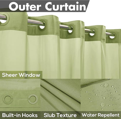 River Dream No Hook Slub Textured Shower Curtain with Snap-in PEVA Liner Set - 71" x 74"(72"), Hotel Style with See Through Top Window, Fabric Outer Curtain & Waterproof Inner Liner, Sage, 71x74
