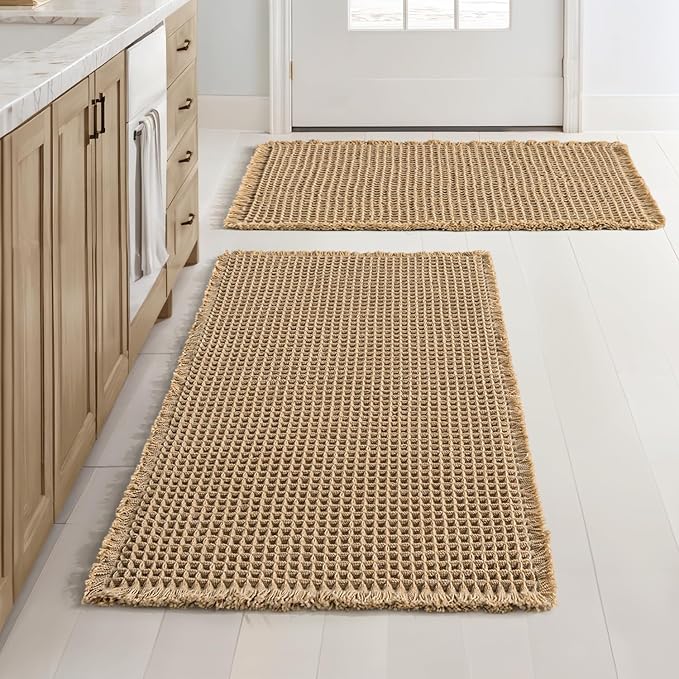 MIULEE Set of 2 Waffle Bathroom Rugs Boho Bath Mat Brown 18x30 Inch | Non Slip, Super Absorbent, Washable, Ultra Soft, Rubber Backed Bath Rugs for Bathroom Floor Tub Shower