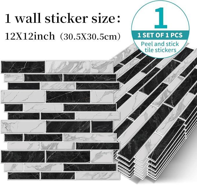 Alwayspon 10 Sheets 12" x12inch Black and White Marble Effect Vinyl Tiles, Backsplash, Self-Adhesive Peel and Stick Wall Tile Stickers, Stick on Subway Tiles for Kitchen Bathroom Wall Decor