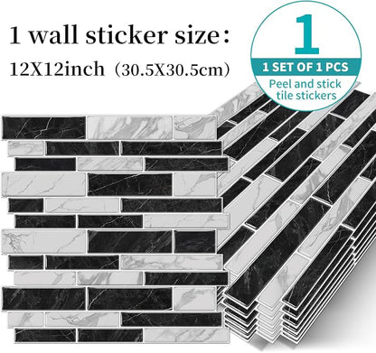 Alwayspon 10 Sheets 12" x12inch Black and White Marble Effect Vinyl Tiles, Backsplash, Self-Adhesive Peel and Stick Wall Tile Stickers, Stick on Subway Tiles for Kitchen Bathroom Wall Decor