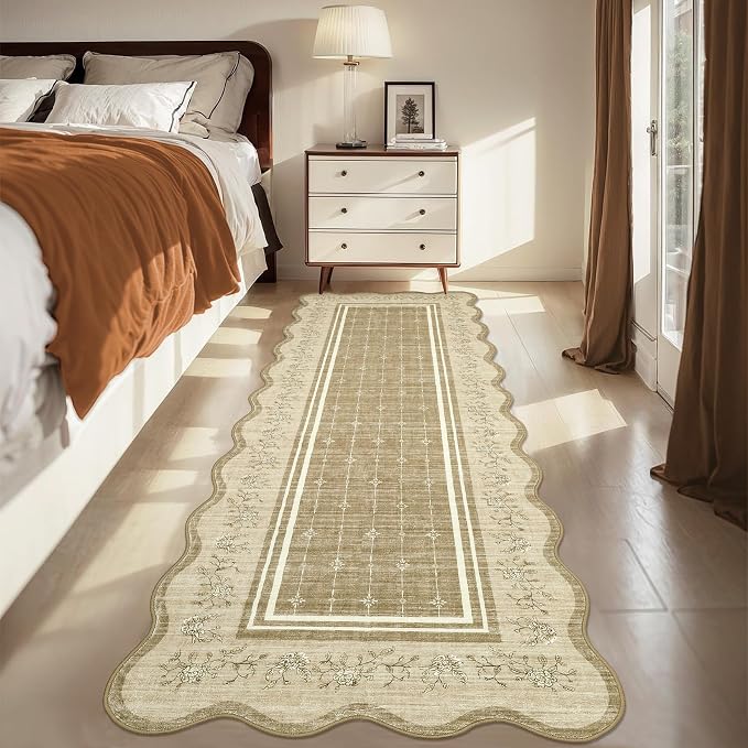 Garvee 2x6 Runner Rug Scalloped Kitchen Runner Rug Entryway Runners Camel | Washable Non Slip Modern Bordered Foldable Thin Accent Carpet Low Pile Soft Nursery Rugs for Hallway Bathroom Bedside Laundry