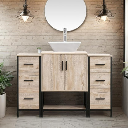 UEV 48" Bathroom Vanity,Oak Color Bathroom Vanity Set with Sink and 3 Drawers Side Cabinet Combo,with Adjustable Water Temperature Faucet (A07)