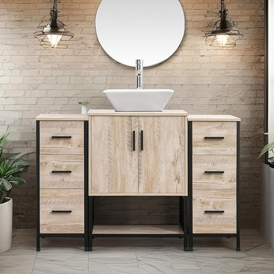 UEV 48" Bathroom Vanity,Oak Color Bathroom Vanity Set with Sink and 3 Drawers Side Cabinet Combo,with Adjustable Water Temperature Faucet (A07)