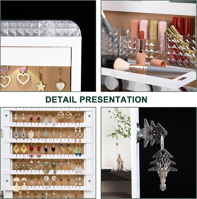 HNEBC Over the Door Jewelry Organizer with LED Lights, 47.2" Full Length Mirror with Storage, Wall Mounted Jewelry Armoire, Hanging Mirror with 2 Drawers,Lokable,3 Shelves-White