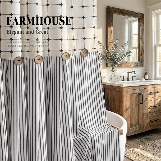 Farmhouse Shower Curtain Button Plaid-Cream-Black Stripe 72"W x 72"L | Farmhouse Style, Chic Button, Striped, Linen Fabric, Rustic, Country, Natural Look, Washable, for Bathroom Bathtub