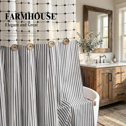 Farmhouse Shower Curtain Button Plaid-Cream-Black Stripe 72"W x 72"L | Farmhouse Style, Chic Button, Striped, Linen Fabric, Rustic, Country, Natural Look, Washable, for Bathroom Bathtub