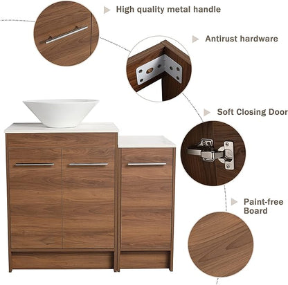 36" Bathroom Vanity, 36 Inch Freestanding Vanity with Vessel Sink, Modern Single Sink Bathroom Vanity Combo, Brown Floor Standing Large Storage Cabinet Set with Soft-Closing Design(BRE217, 36 * 18)
