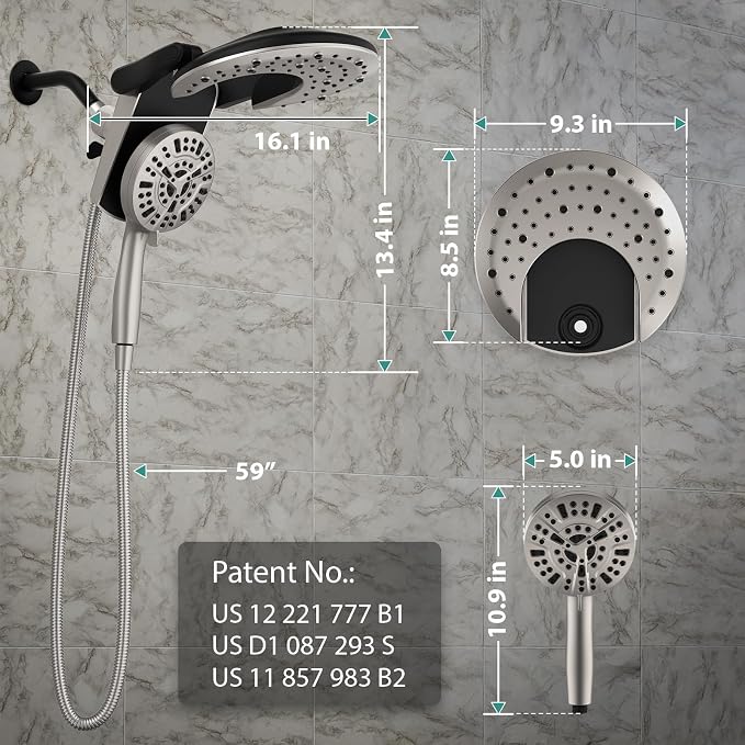 Foldable Rainfall Shower Head 9 Spray Settings/Modes Handheld Showerheads | High Pressure Shower Heads with Handheld Spray Combo, Built-in Magnetic Docking, Power Jets, Stainless Steel Shower Hose