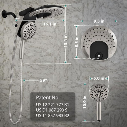 Foldable Rainfall Shower Head 9 Spray Settings/Modes Handheld Showerheads | High Pressure Shower Heads with Handheld Spray Combo, Built-in Magnetic Docking, Power Jets, Stainless Steel Shower Hose
