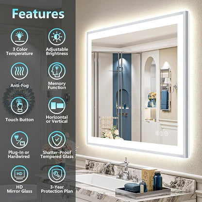 48x40 Inch Brushed Nickel LED Bathroom Mirror, Backlit & Front Lit | Silver Framed Anti-Fog Lighted Vanity Mirror with Lights, 3 Color Dimmable, Memory, HD Tempered Glass, CRI95, IP54, UL Listed