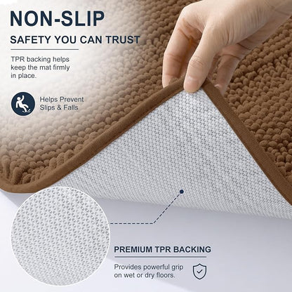 Smiry Thick Small Chenille Bathroom Rugs 24x16, Absorbent Bath Mat, Mocha | Quick‑Dry & Machine Washable, Non‑Slip Bath Carpet, Soft Striped Bath Rugs for Tub & Shower, Modern Home Decor Accessories