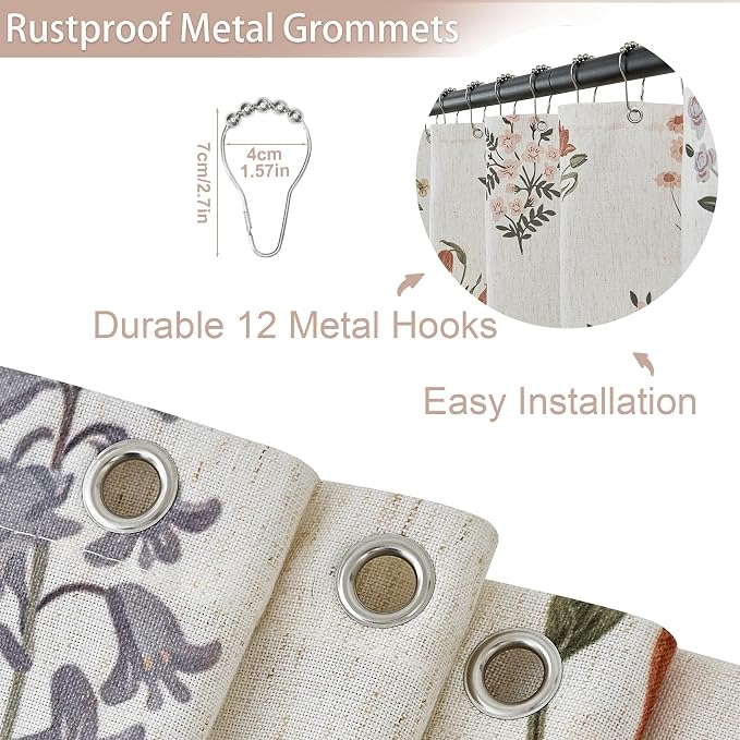ORTIGIA Linen Textured Shower Curtain with Tassels,Vintage Floral Boho Cottagecore Waterproof Bath Curtain Metal Hooks for Rustic Farmhouse Bathroom Decor 72x72 Inch