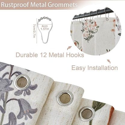 ORTIGIA Linen Textured Shower Curtain with Tassels,Vintage Floral Boho Cottagecore Waterproof Bath Curtain Metal Hooks for Rustic Farmhouse Bathroom Decor 72x72 Inch