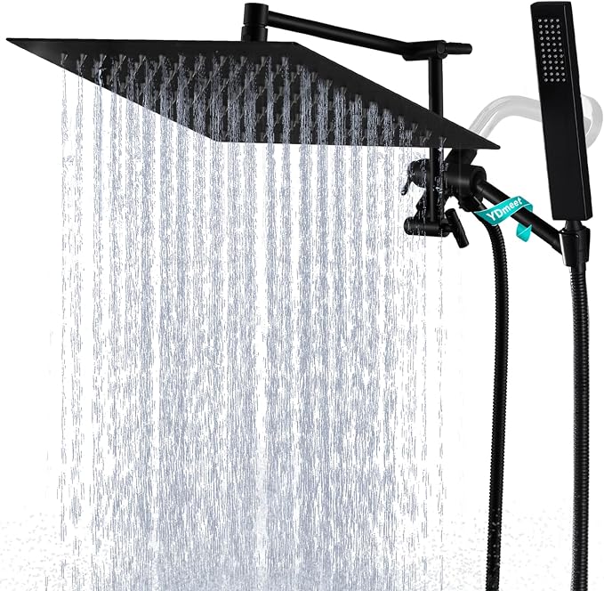 All Metal 12" Rainfall Shower Head with Handheld Spray Combo, High Pressure Rain Shower Heads with Adjustable Extension Arm, Wide Dual Waterfall Showerhead, Extra Long Shower Hose - Matte Black
