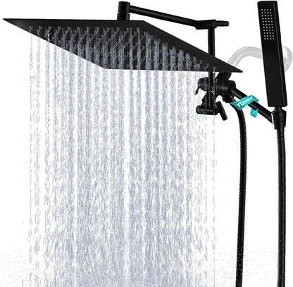 All Metal 12" Rainfall Shower Head with Handheld Spray Combo, High Pressure Rain Shower Heads with Adjustable Extension Arm, Wide Dual Waterfall Showerhead, Extra Long Shower Hose - Matte Black