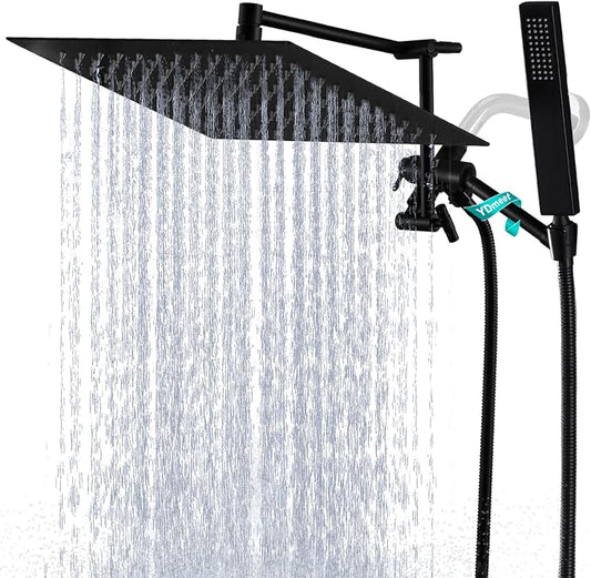 All Metal 12" Rainfall Shower Head with Handheld Spray Combo, High Pressure Rain Shower Heads with Adjustable Extension Arm, Wide Dual Waterfall Showerhead, Extra Long Shower Hose - Matte Black