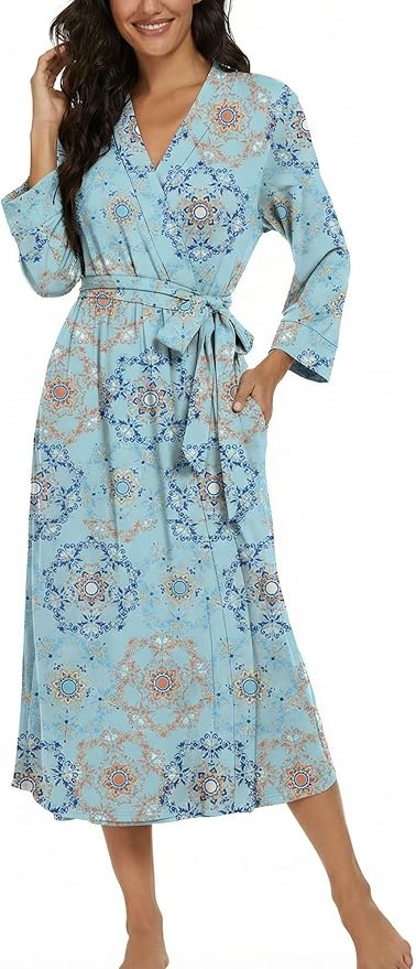 VINTATRE Women Kimono Robes Long Knit Bathrobe Lightweight Soft Knit Sleepwear V-neck Casual Ladies Loungewear