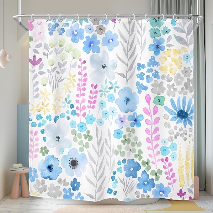 Blue Grey Floral Cute Boho Wildflower Trendy Bathroom Shower Curtain Set | 72"W x 72"H Watercolor Leaves; waterproof HD print, quick-dry fabric with 12 hooks for easy hanging.