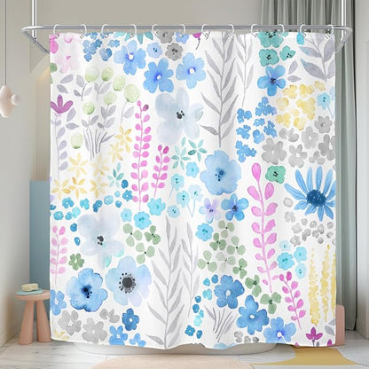 Blue Grey Floral Cute Boho Wildflower Trendy Bathroom Shower Curtain Set | 72"W x 72"H Watercolor Leaves; waterproof HD print, quick-dry fabric with 12 hooks for easy hanging.