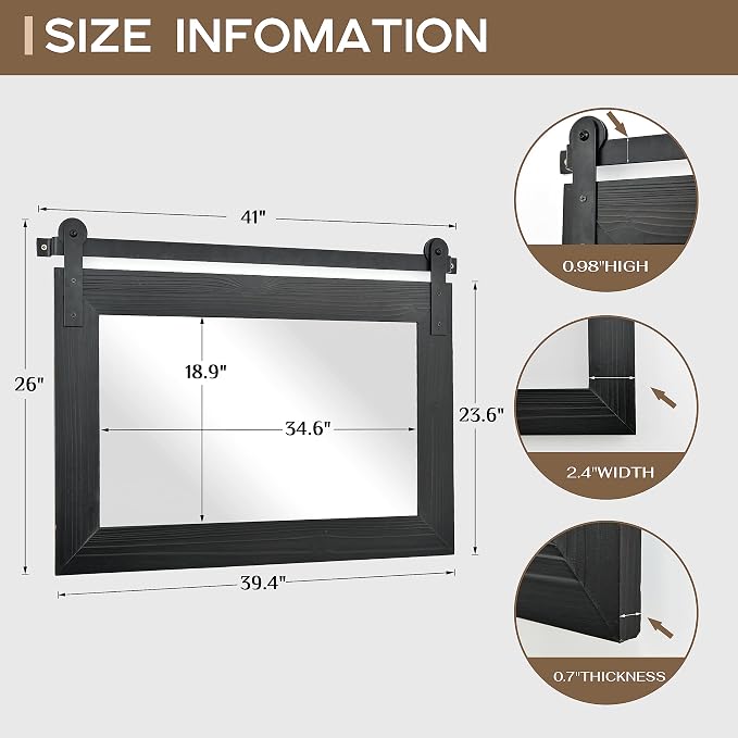 COGOOD Farmhouse Bathroom Mirrors for Over Sink - 26 x 41 Black | Rustic Barn Door Wood Framed Vanity Mirror for Entryway, Living Room, Bedroom, Dresser Wall Decor