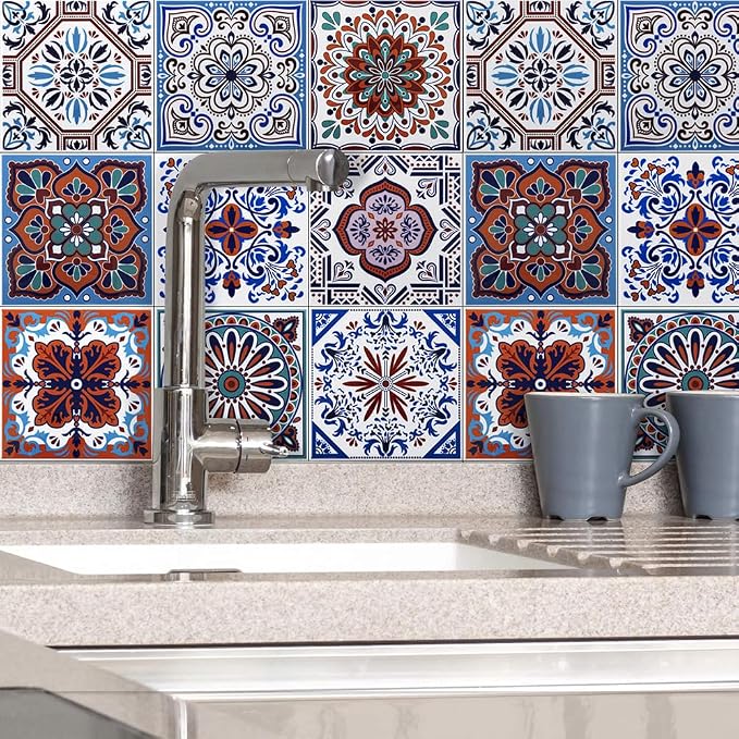 DICOFUN 32 Colorful Talavera Mexican Tile Peel and Stick Backsplash, 6" x 6" Waterproof Stick on Wall Tiles (Style 5)