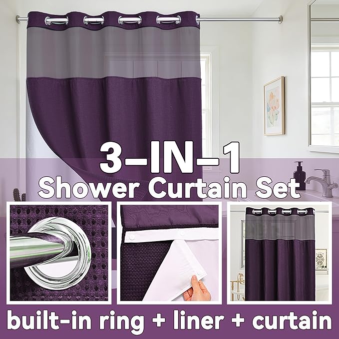 Conbo Mio No Hook Waffle Weave Shower Curtain with Snap in Liner Set, Hotel Luxury Purple Shower Curtains for Bathroom with See Through Top Window, Waterproof, Washable 71W x 74H