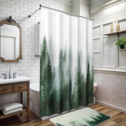 ORTIGIA 60x72 Misty Forest Stall Shower Curtain for Small Bathroom, Green Narrow Nature Woodland Shower Curtain Set with Hooks, Waterproof Fabric Pine Tree Fog Magic Home Bath Curtain