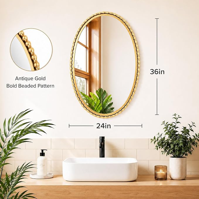24"x36" Oval Wall Mirror, Antique Gold Bold Beaded Frame | Decorative oval mirror hangs vertically or horizontally for bathroom vanity, powder room, bedroom, entryway, or living room