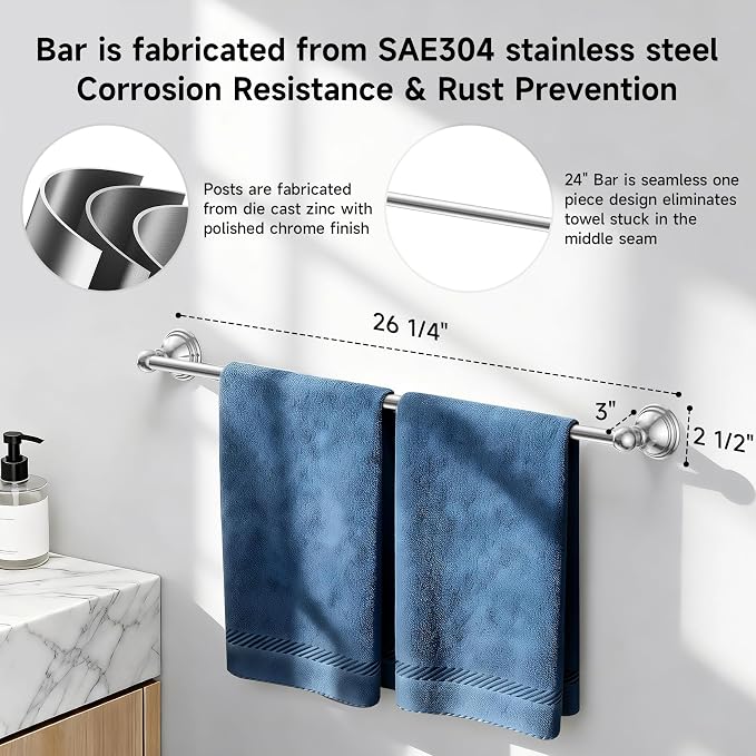 Formosa Design Hardware Classic 4-Piece Bathroom Accessories Set, 24-inch Towel Bar, Toilet Paper Holder, Towel Ring, and Robe Hook, Durable Zinc Alloy & Stainless Steel, (Polished Chrome Finish)