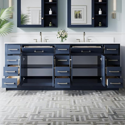 84-Inch Bathroom Vanity with Double Sinks W/ 4 Doors & 12 Drawers & 2 Flip Drawers, Navy Blue Vanity W/Brushed Nickel Handles