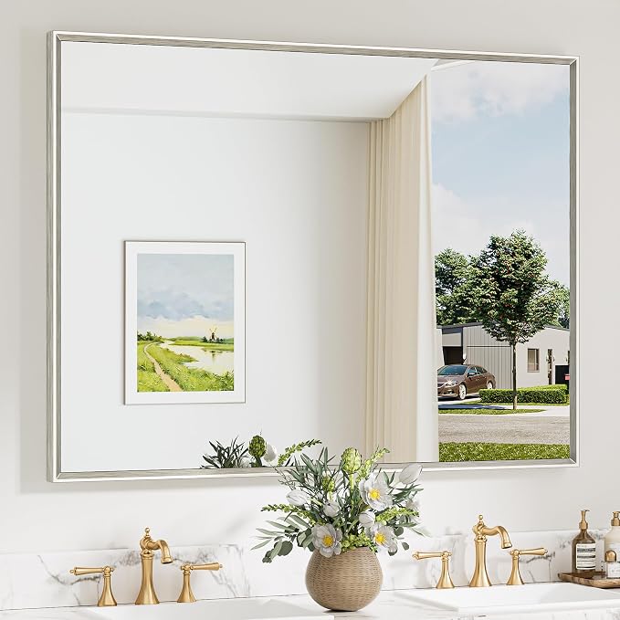 Keonjinn 48 x 36 Inch Brushed Nickel Bathroom Mirrors for Over Sink | Metal Frame, Rectangular Mirrors for Wall, Anti Rust, Rustic Bathroom Vanity Mirror, Safety HD Tempered Glass, Square Corner