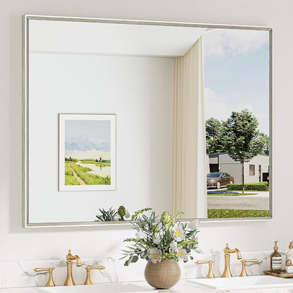 Keonjinn 48 x 36 Inch Brushed Nickel Bathroom Mirrors for Over Sink | Metal Frame, Rectangular Mirrors for Wall, Anti Rust, Rustic Bathroom Vanity Mirror, Safety HD Tempered Glass, Square Corner