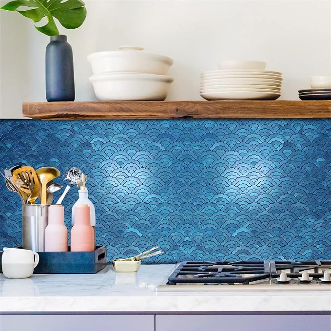 XUANINY Peel and Stick Metal Backsplash Tiles, Frosted Blue, 11-Pack | Self Adhesive, Cloud-shaped Aluminum Mosaic, 3D Wall Sticker, For Kitchen Bathroom Living Room Decor