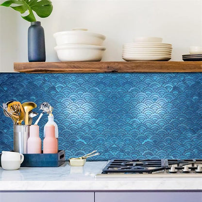 XUANINY Peel and Stick Metal Backsplash Tiles, Frosted Blue, 11-Pack | Self Adhesive, Cloud-shaped Aluminum Mosaic, 3D Wall Sticker, For Kitchen Bathroom Living Room Decor