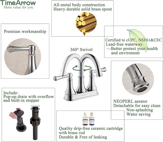 Chrome 4 Inch Centerset Bathroom Sink Faucet 3 Holes with Pop up Drain | TimeArrow High Arc Modern 2-Handle Bathroom Faucet, Vanity Lavatory Faucet with 360° Swivel Stainless Steel Spout, TAF067Y-CP