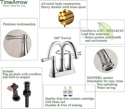 Chrome 4 Inch Centerset Bathroom Sink Faucet 3 Holes with Pop up Drain | TimeArrow High Arc Modern 2-Handle Bathroom Faucet, Vanity Lavatory Faucet with 360° Swivel Stainless Steel Spout, TAF067Y-CP