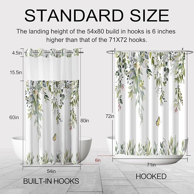 No Hook Shower Curtain and Liner Set, Sage Green Eucalyptus 54x80 | Floral Design, with Snap in Liner, Waterproof, Machine Washable, Quick-Drying, for Hotel Bathroom