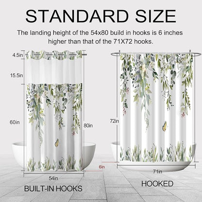 No Hook Shower Curtain and Liner Set, Sage Green Eucalyptus 54x80 | Floral Design, with Snap in Liner, Waterproof, Machine Washable, Quick-Drying, for Hotel Bathroom